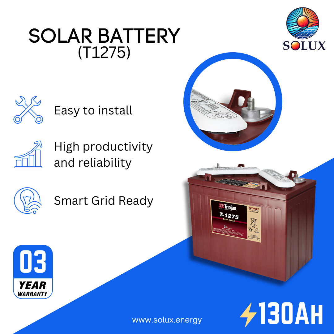 This is an image of Trojan T1275 130Ah 12VDC Deep-Cycle AES Flooded Lead Acid Battery